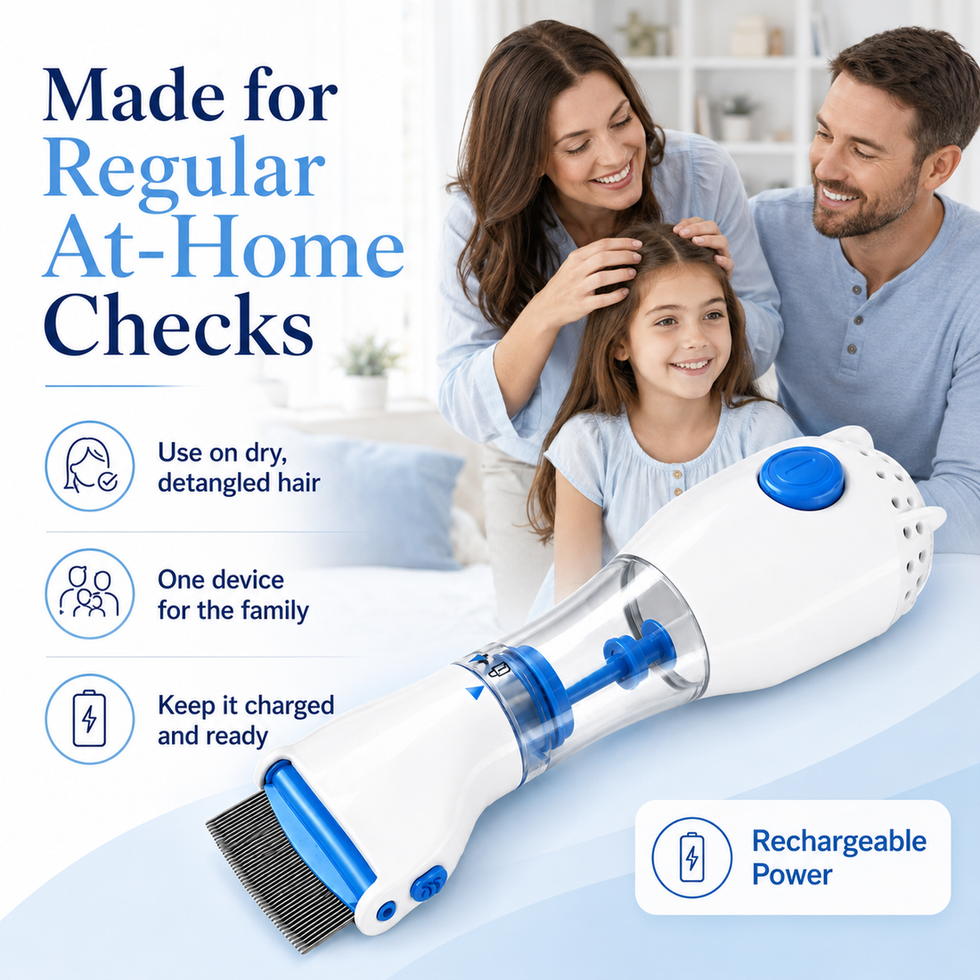 A white and blue rechargeable pet hair remover vacuum shown in a promotional graphic with a family in a living room and text reading 'Made for Regular At-Home Checks' and 'Rechargeable Power.'.
