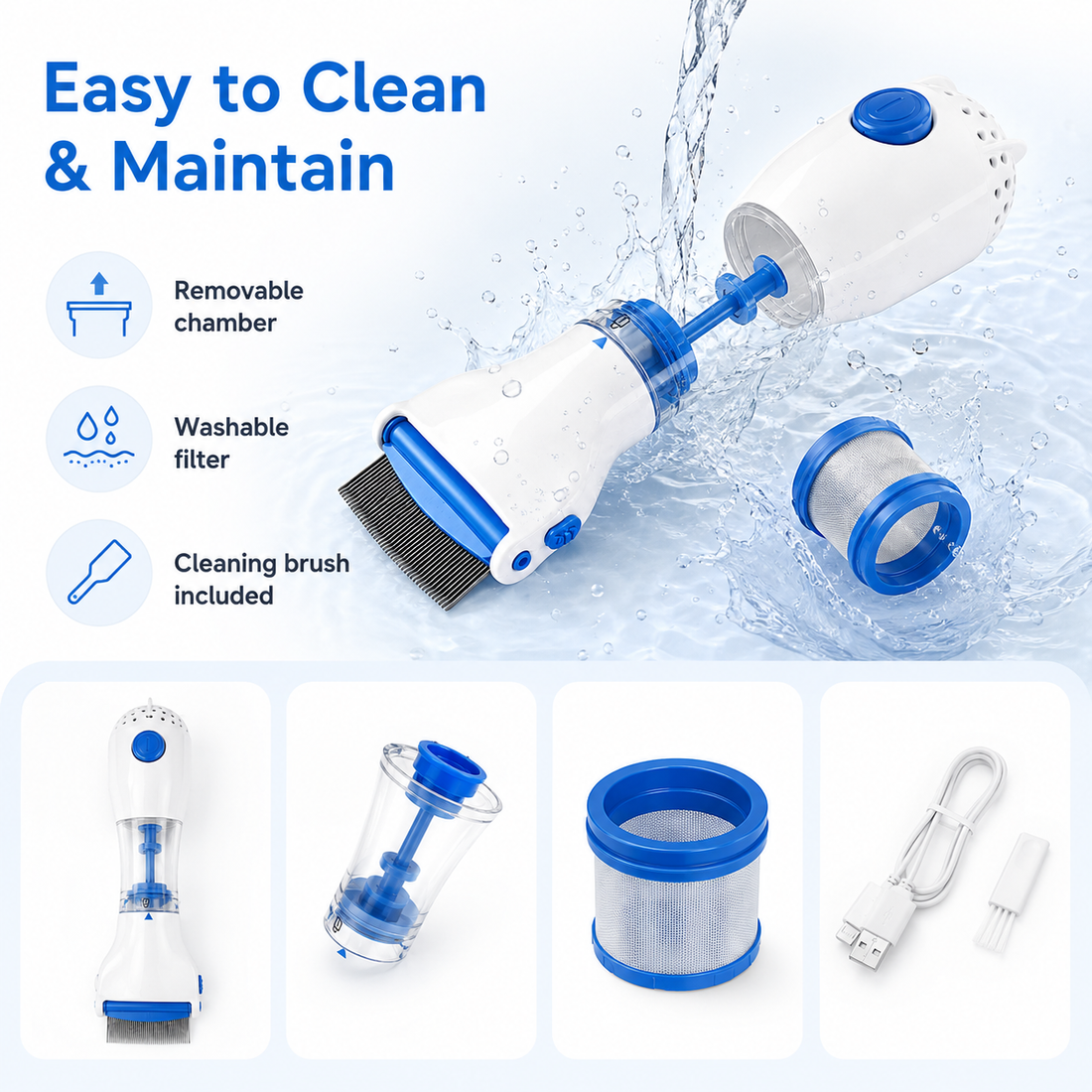 A white and blue handheld cleaning brush with a removable chamber, washable filter, and cleaning brush attachment, shown with water splashing and feature callouts on a light blue background.