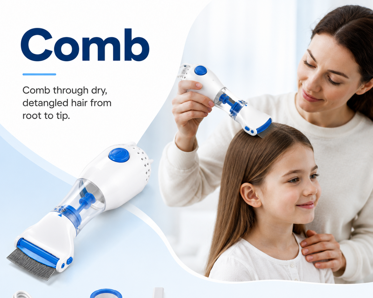 A handheld white and blue hair detangler comb is shown alongside a woman and child using it, with text reading 'Comb' and feature icons for USB charging cable, filter, cleaning brush, gentle and effective, safe for kids, easy to use, and hygienic design.