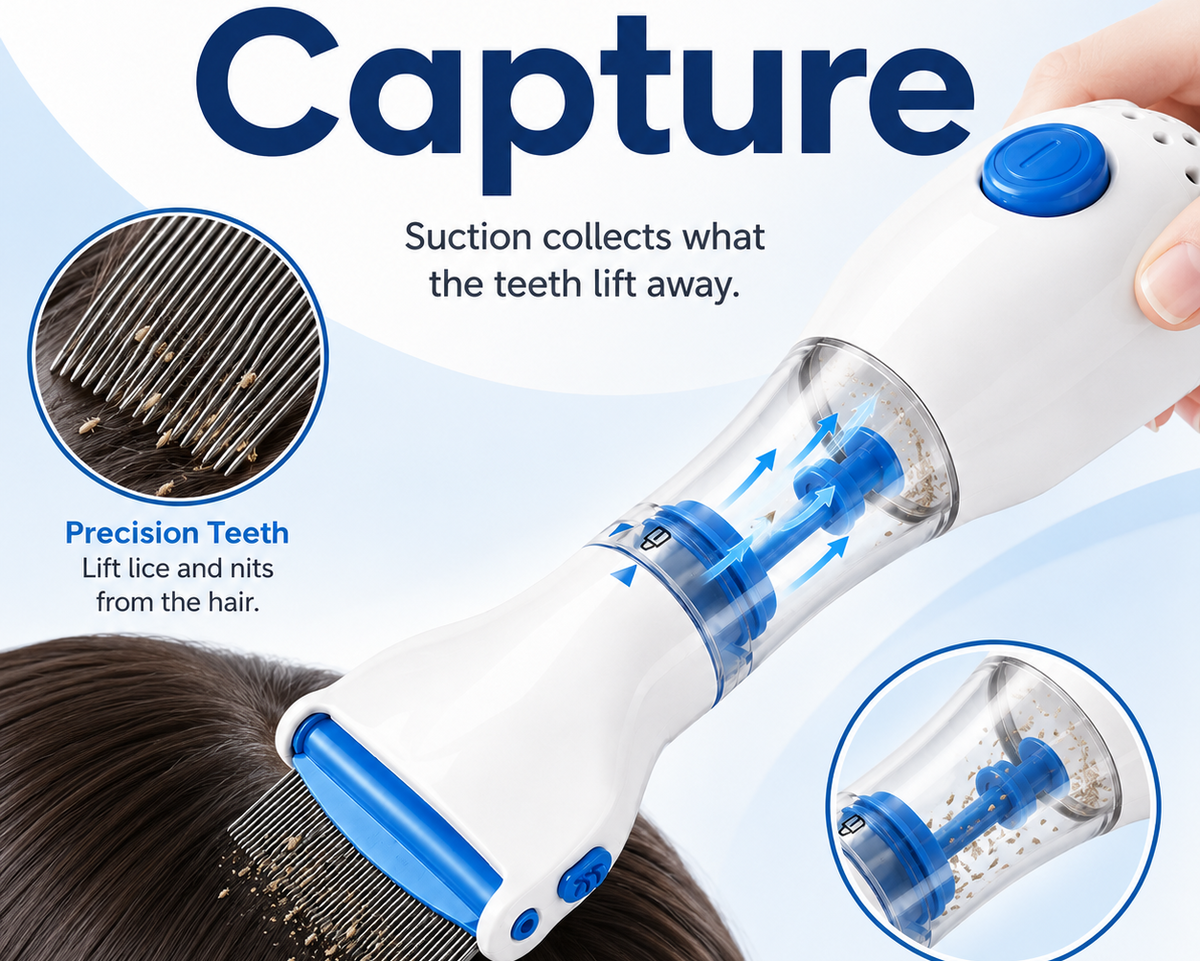 A white and blue manual tooth-removal comb being used on dark brown hair, with marketing text and inset detail circles explaining suction, precision teeth, and a visible collection chamber.