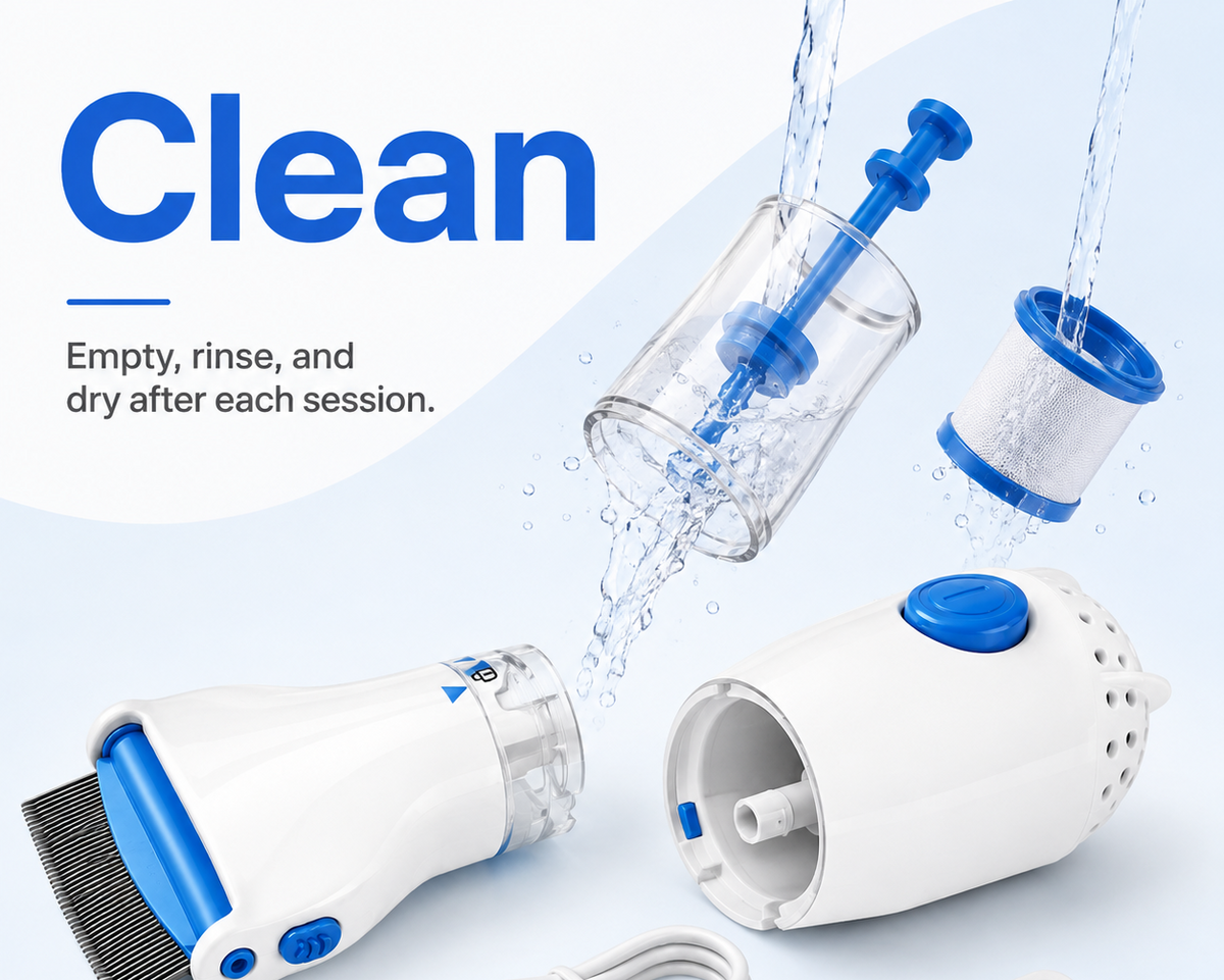 A white and blue electronic ear cleaning tool set shown on a light blue background with large 'Clean' text. The image includes the main cleaning device, a USB charging cable, a small accessory brush, and water-rinsed transparent and blue filter/cap components, with instructional marketing text about emptying, rinsing, and drying after each session.