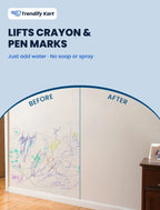Before and after: crayon and pen marks on a painted wall