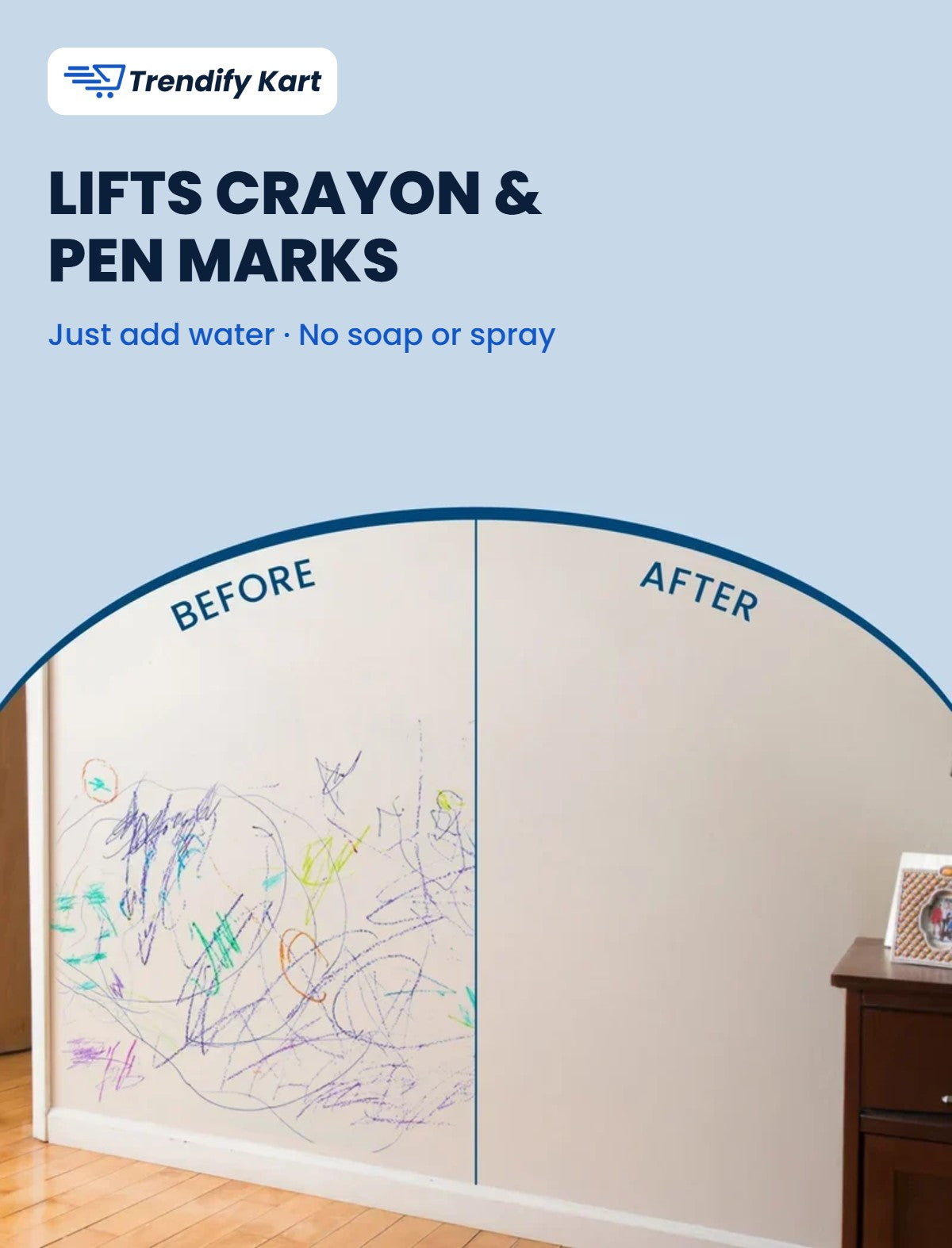 Before and after: crayon and pen marks on a painted wall