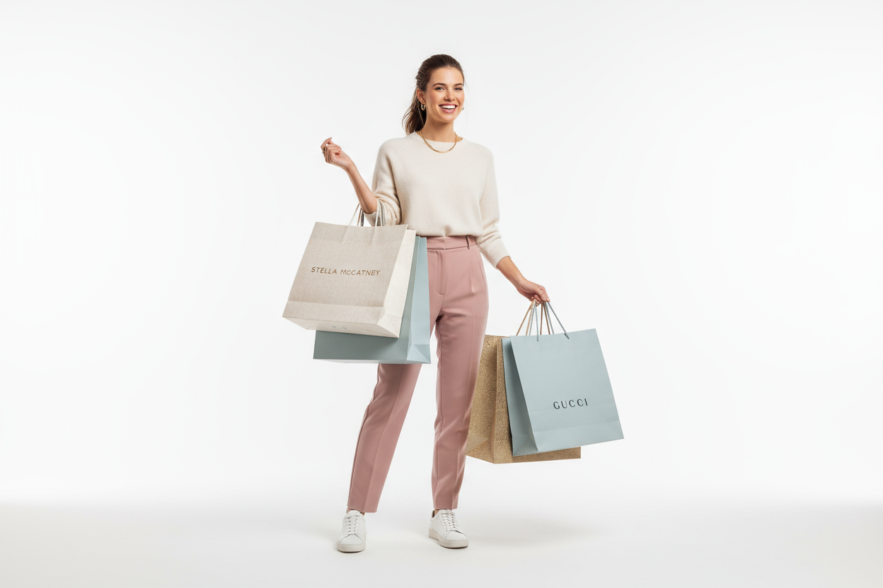 women with shopping bag and white background 